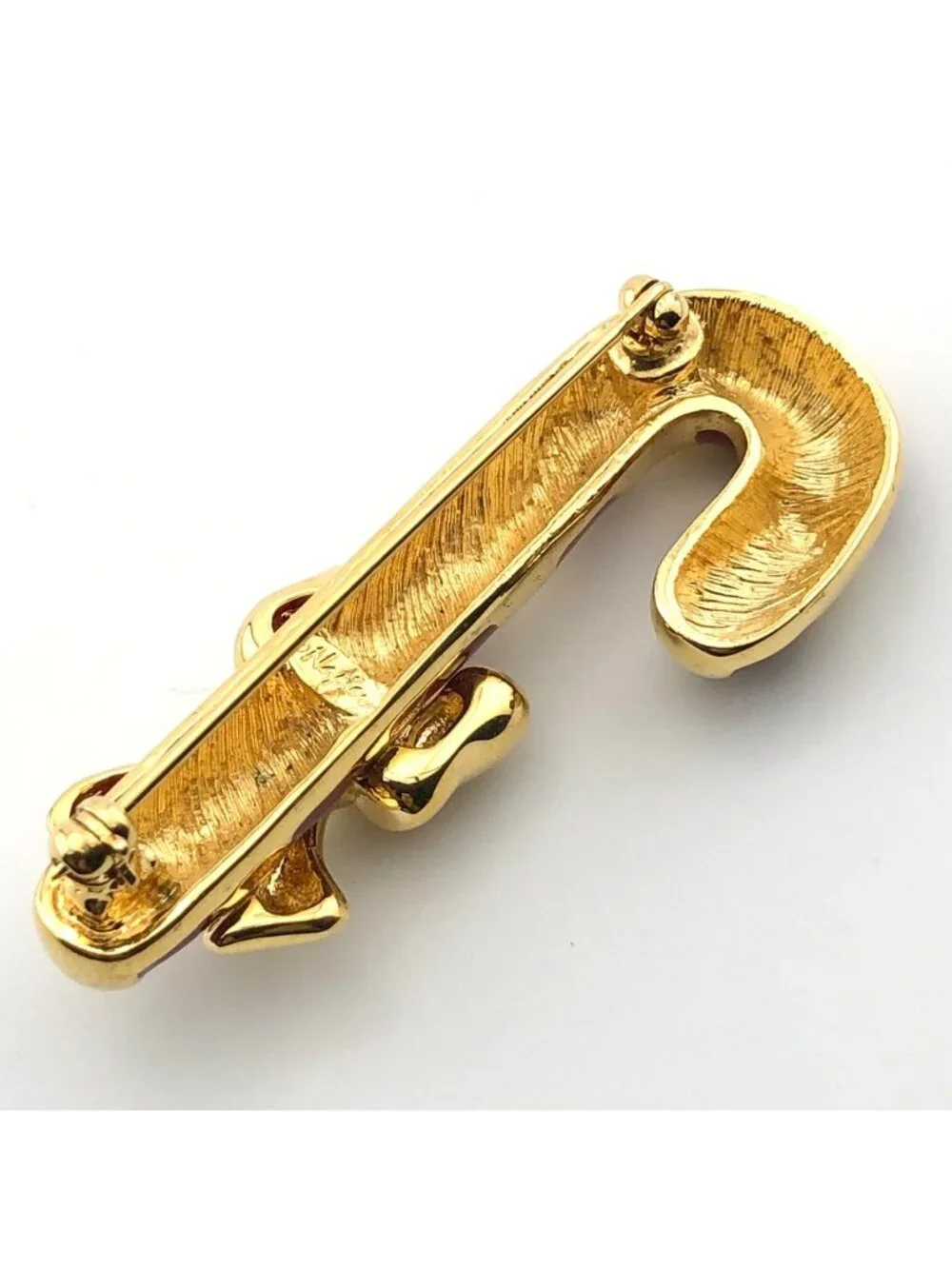 Napier Candy Cane Christmas Pin Brooch Gold Tone Red Enamel Bow Signed Vintage